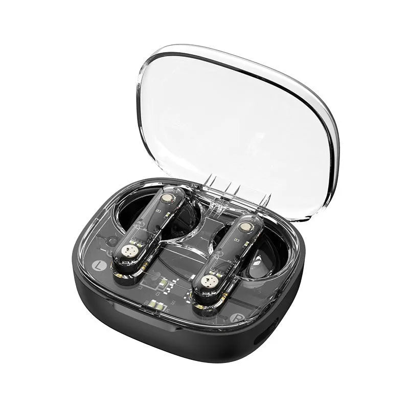 Translucent in-ear Bluetooth headset in clear, transparent black or transparent red, ABS body, V5.3, 300mAh battery.