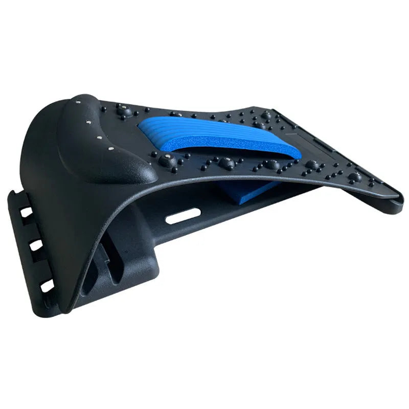 Adjustable back massager and lumbar stretcher in black and colour options, showing massage points.