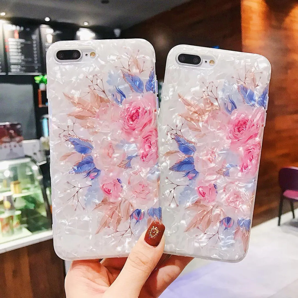 Dream Shell soft TPU silicone iPhone case with rose flower back design in brown purple white colours