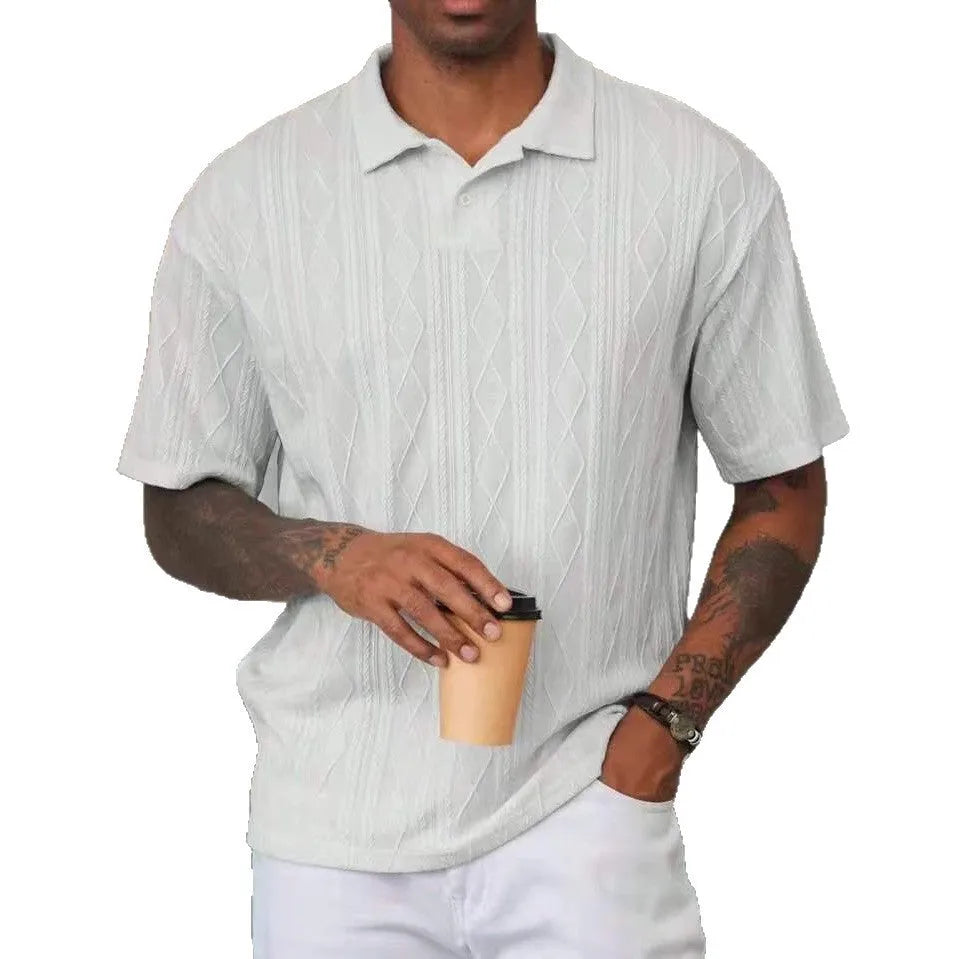 Retro button lapel short sleeve t-shirt in cotton blend fabric with loose fit design