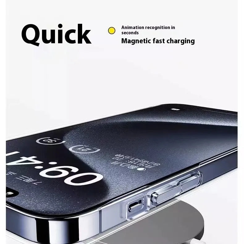 Transparent magnetic phone case for iPhone 15 and 16 with four-corner drop-resistant silicone and frosted finish.