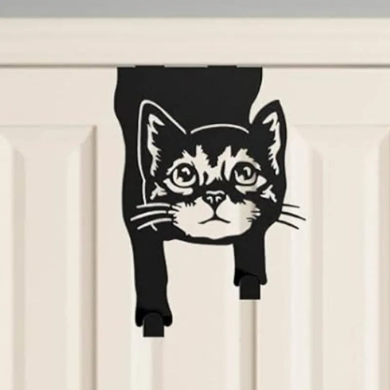 Black decorative cat-shaped iron wall hook with punch-free mounting