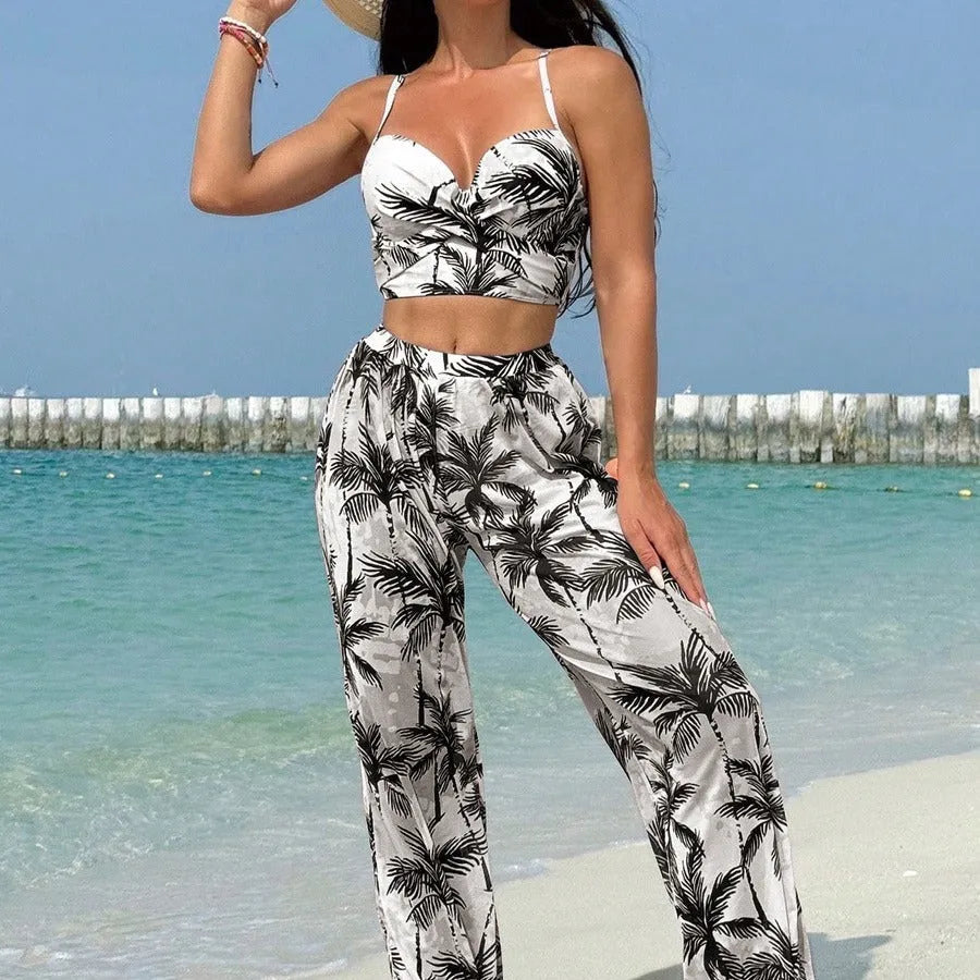Women's three-piece bikini set in printed polyester and spandex with top and pants, available in black blue emerald green