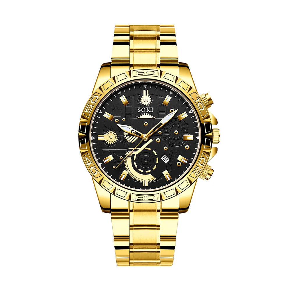 Gold men's business watch with stainless steel strap and calendar on dial