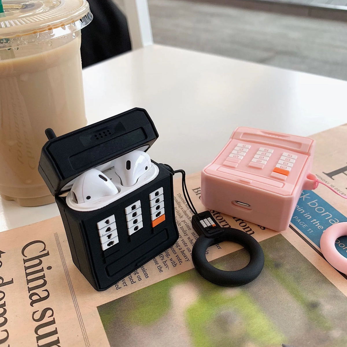 Silicone AirPods case for 1st and 2nd generation in pink or black with anti-knock cartoon cover