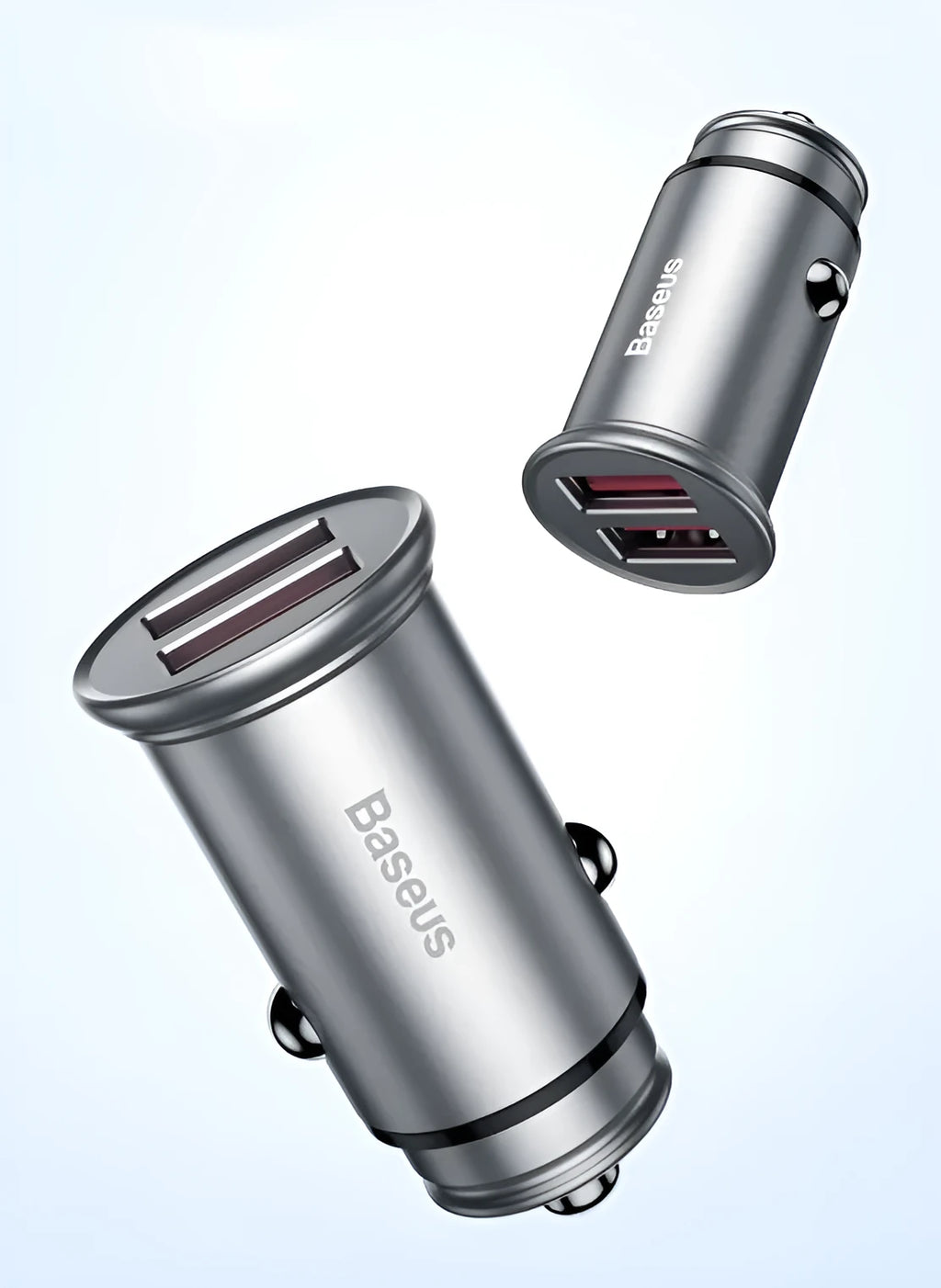 Black aluminium USB car charger with two ports showing 4.8A fast charging text