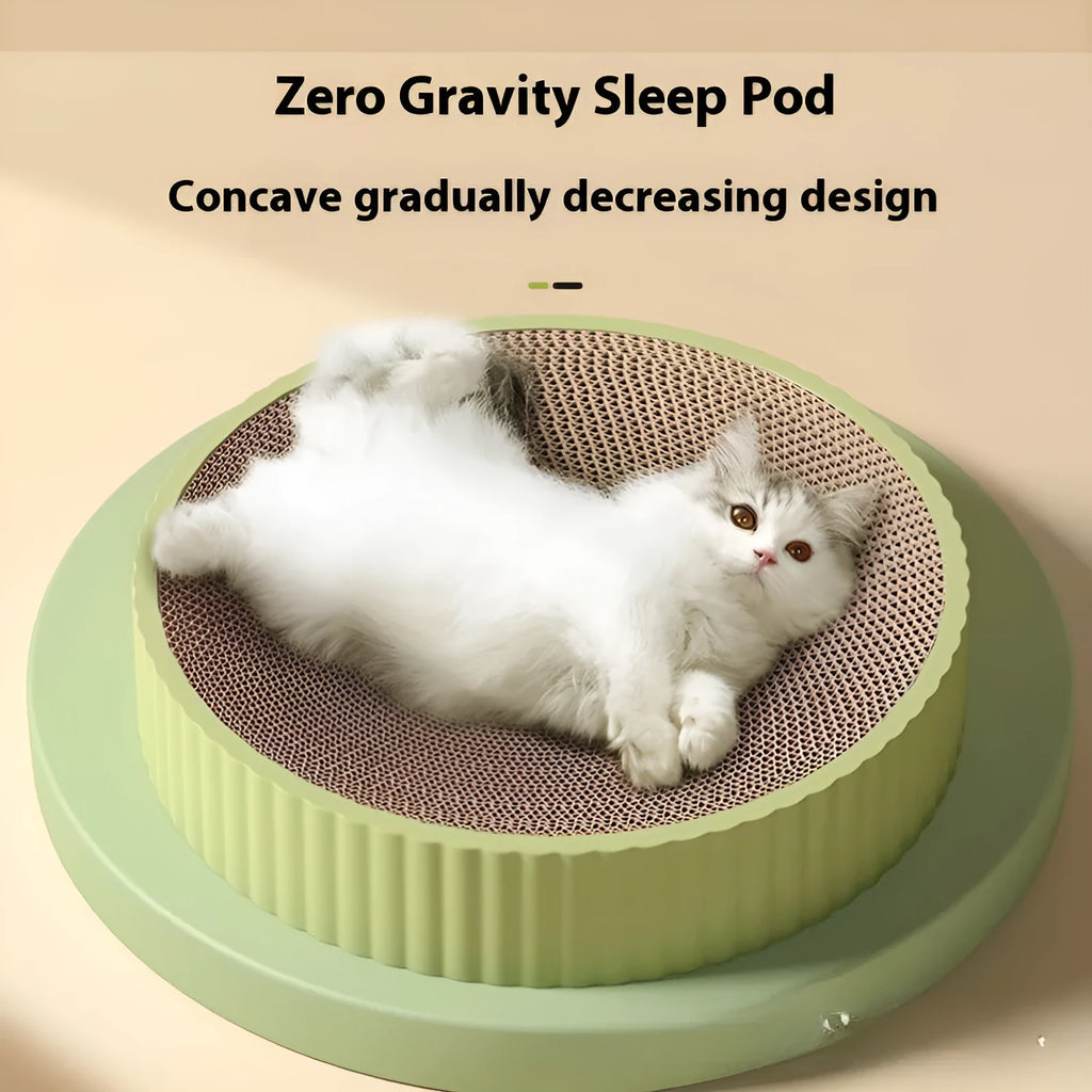 Round green or white cat scratching board nest with replaceable corrugated cardboard centre, 55 cm diameter.