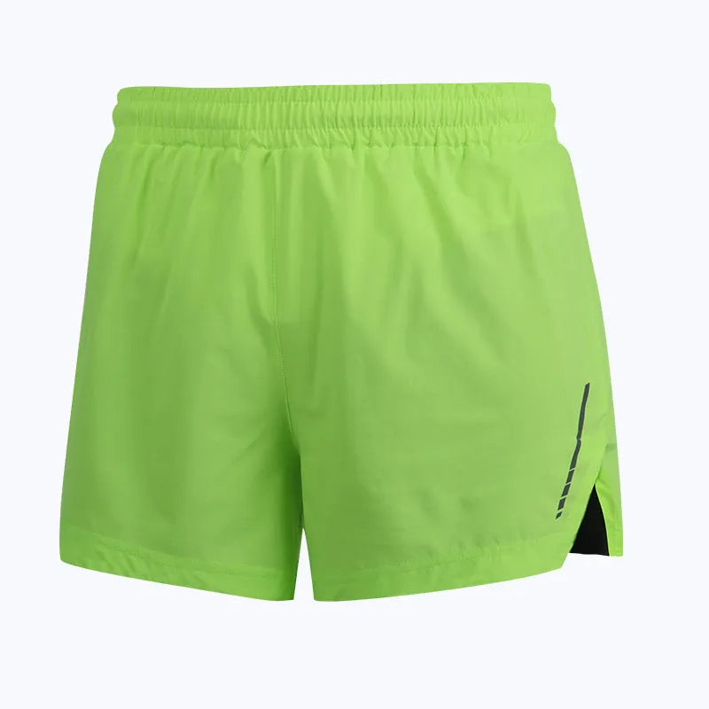 Straight-leg running shorts in grey, shown on a neutral model, highlighting the quick-dry polyester fabric.