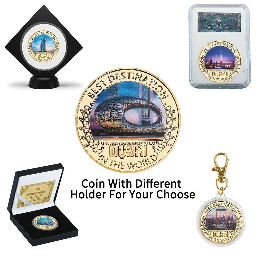 Five iron commemorative coins with Dubai building designs in a gift box