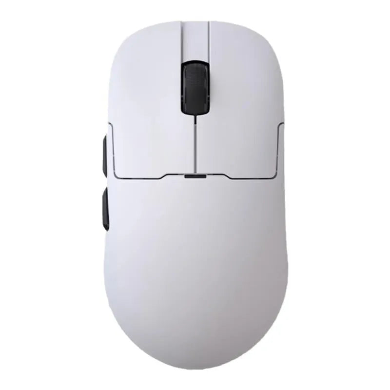 Small wireless gaming mouse with PAW3395 sensor in Yunfeng White colour, showing compact shape and USB cable.