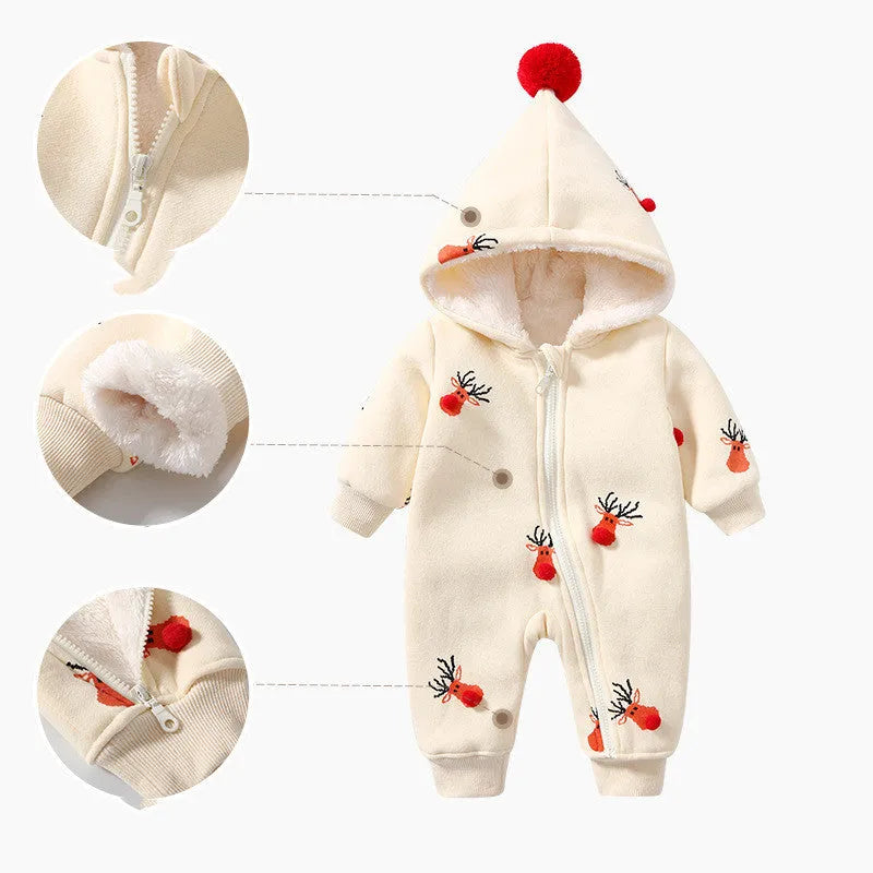 Khaki baby crawling suit with padding, featuring a Christmas moose pattern, shown on a size chart.
