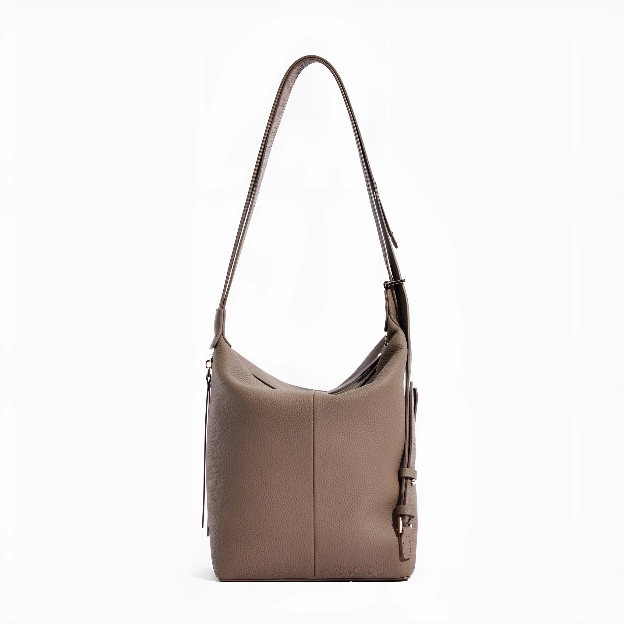 Women's genuine cowhide leather bucket shoulder bag in elephant grey colour showing soft construction and casual styling