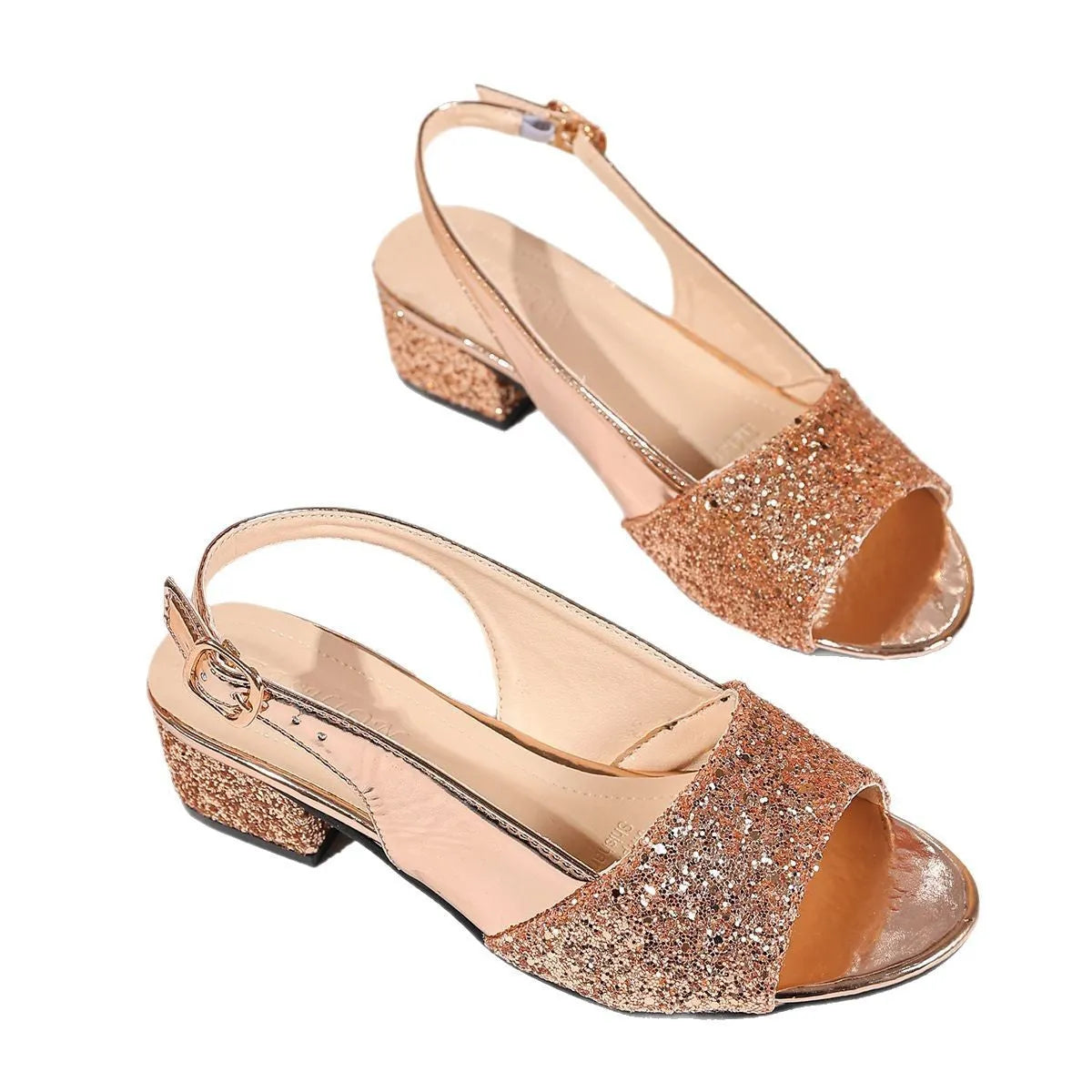 Gold women's open toe sandals with a buckle fastening and fish mouth toe design.