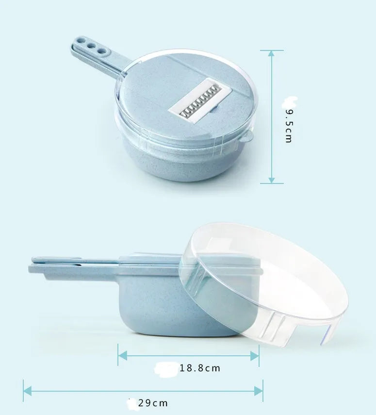 Blue 8-in-1 mandoline slicer with stainless steel blades, container, hand protector, and drain basket on kitchen counter
