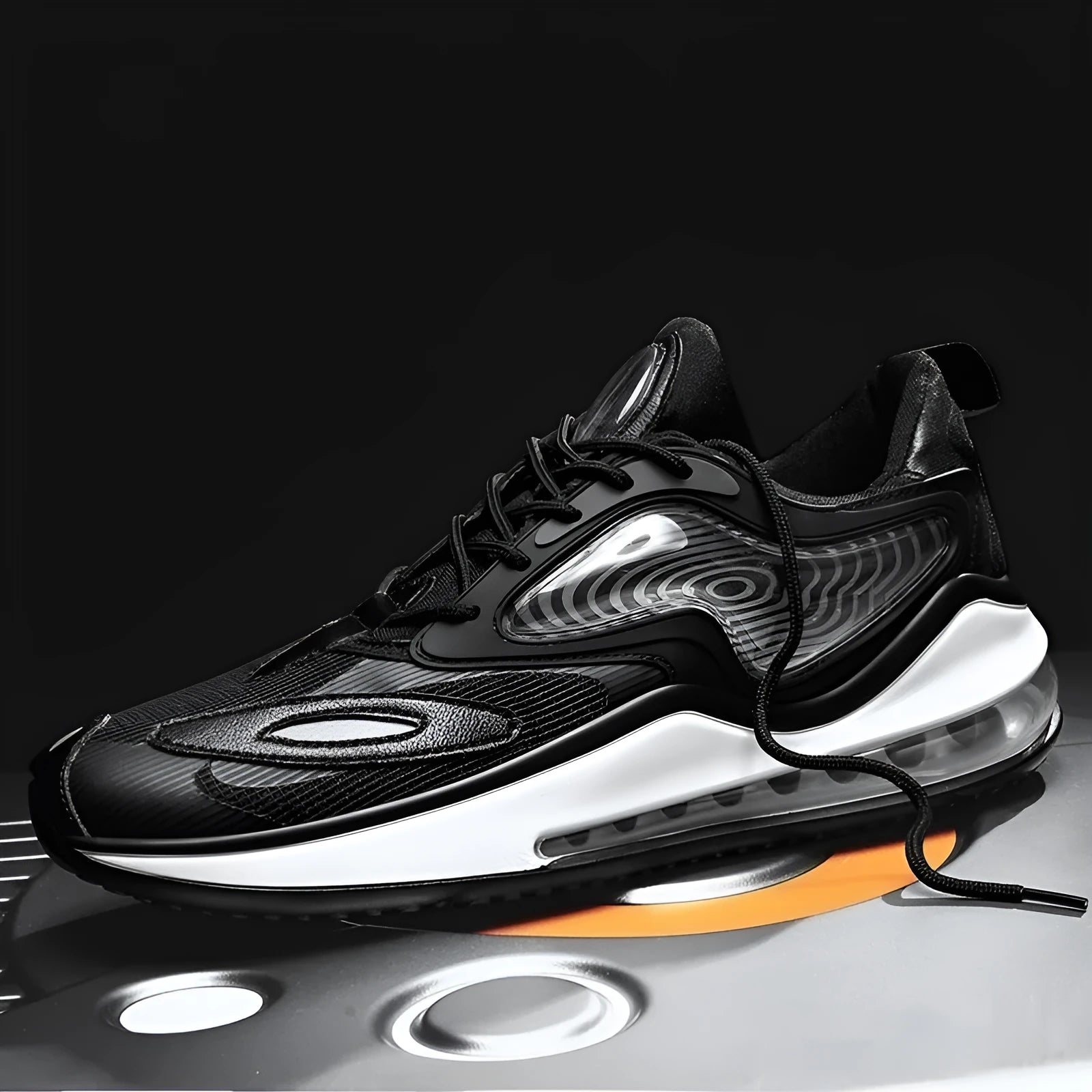 Men's black and white casual sneakers with air cushion sole for height increase.