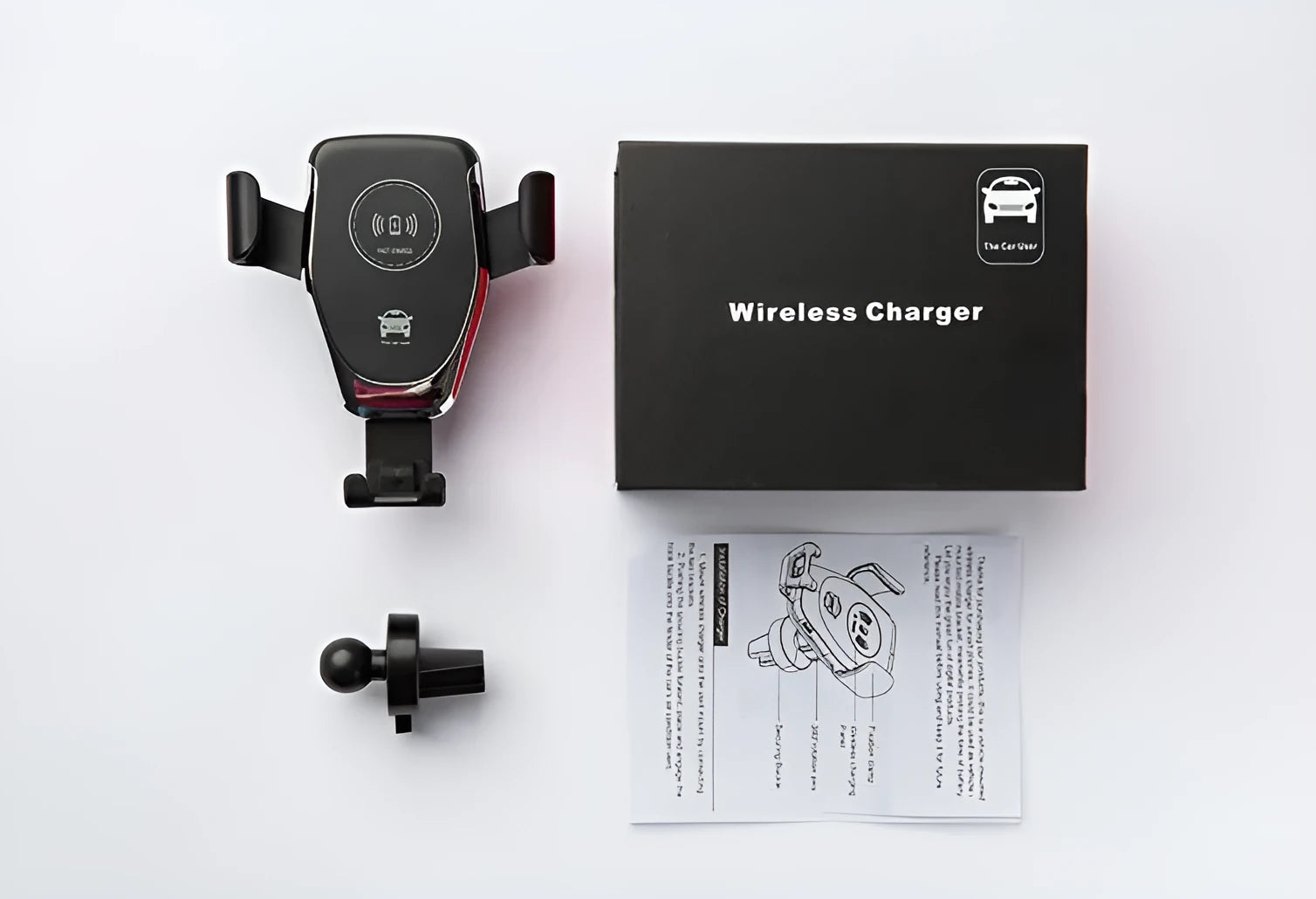 Black car wireless phone charger mounted on ventilation vent with iPhone securely clamped