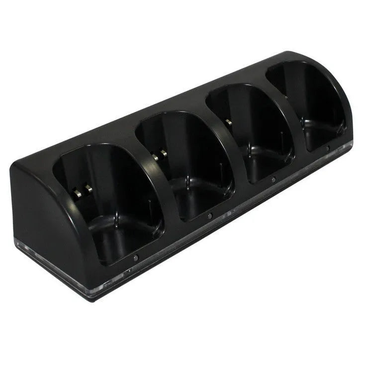 WII four-bay charger set with four rechargeable batteries and USB-DC cable in black colour