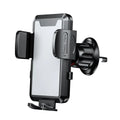 Car phone holder clipped onto a vehicle air conditioning vent, available in black, carbon fibre black, or grey plastic