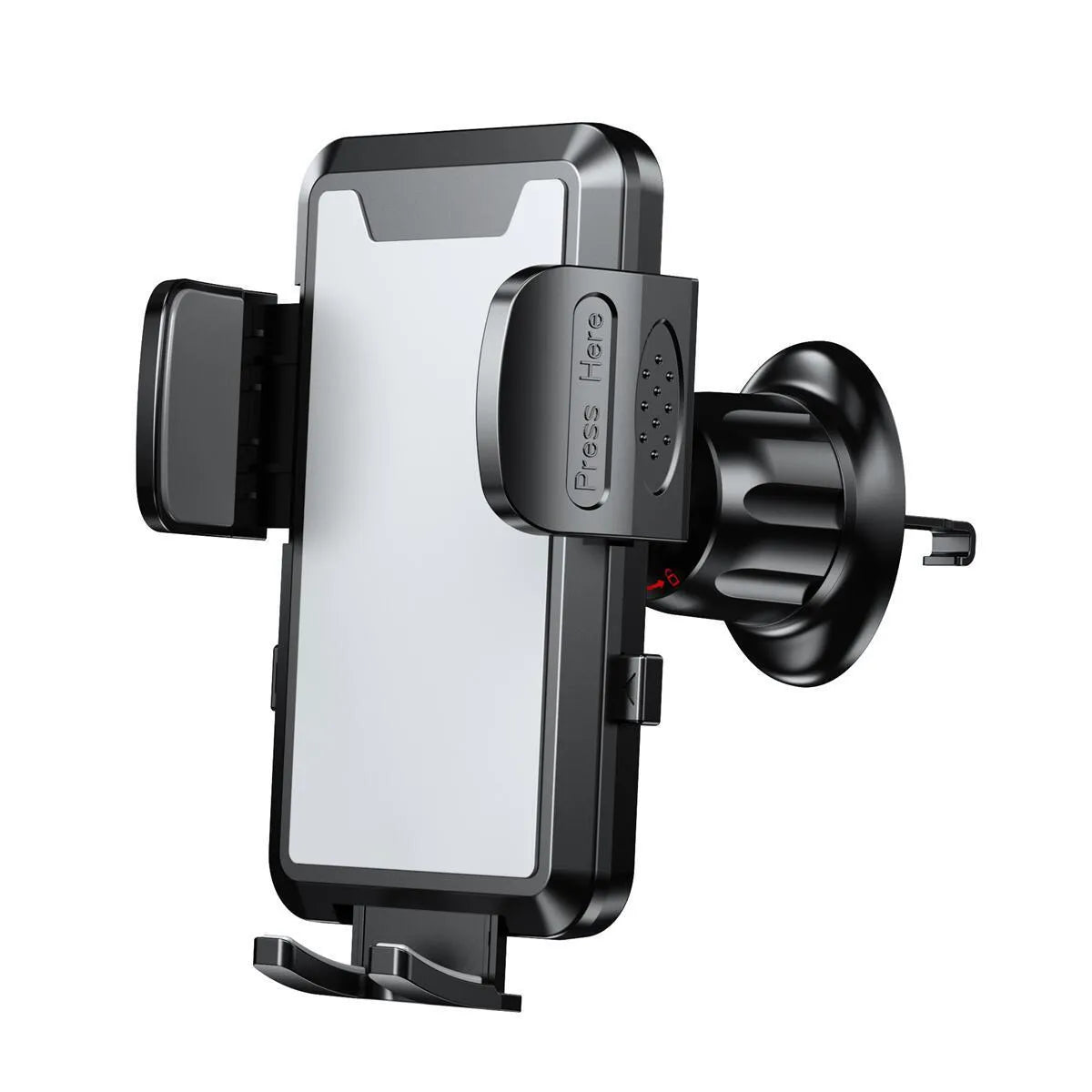 Car phone holder clipped onto a vehicle air conditioning vent, available in black, carbon fibre black, or grey plastic