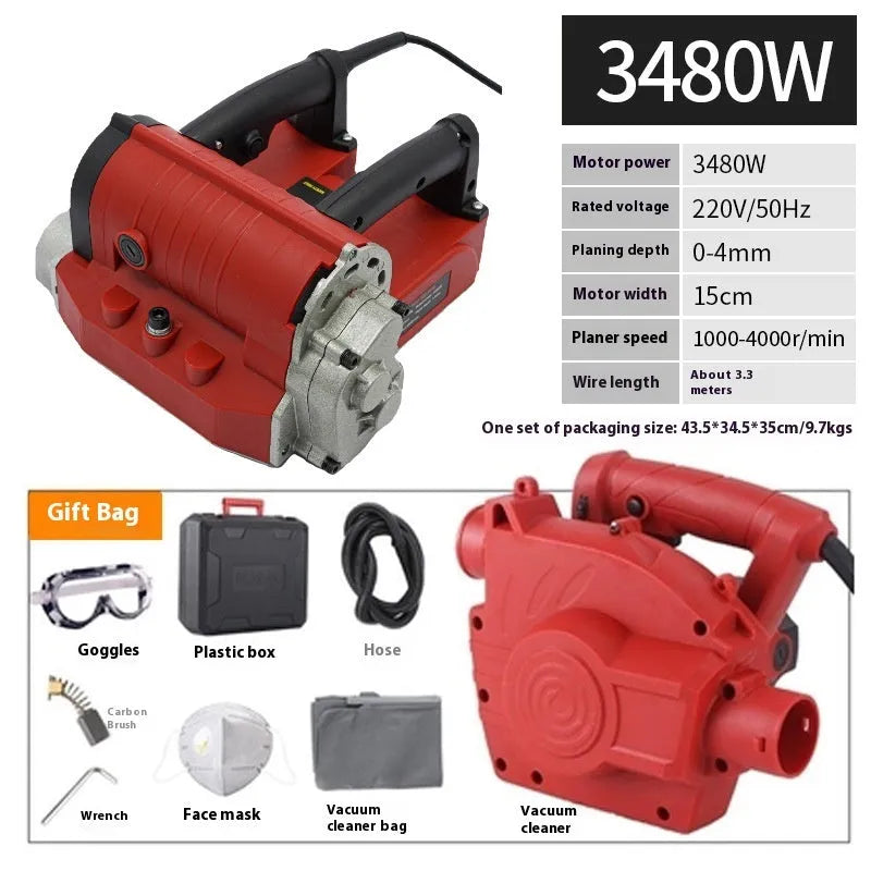 3480W wall planing machine with plastic housing, 82mm planing width, and 5mm planing depth