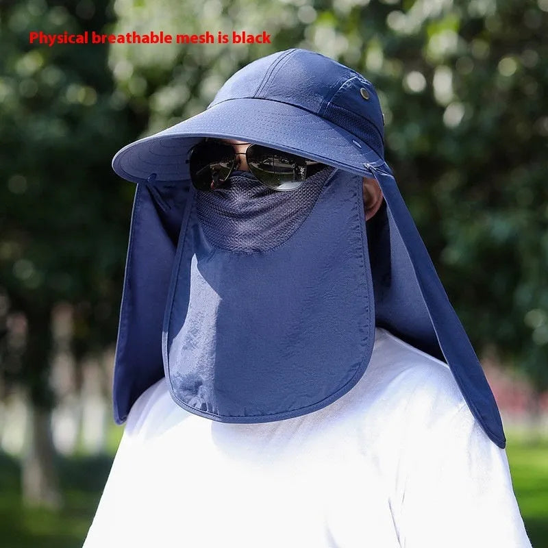 Men's khaki sun hat with built-in USB fan, face covering, and extended neck protection shawl.