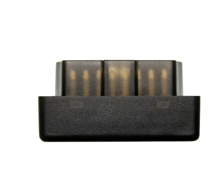 Bluetooth ELM327 OBD2 car fault diagnostic detector in black with switch; 43mm by 25mm by 23mm