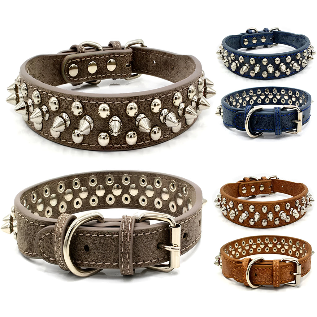 Adjustable PU rivet dog collar in multiple sizes from XS to XL, shown in black with silver rivets, on white background.