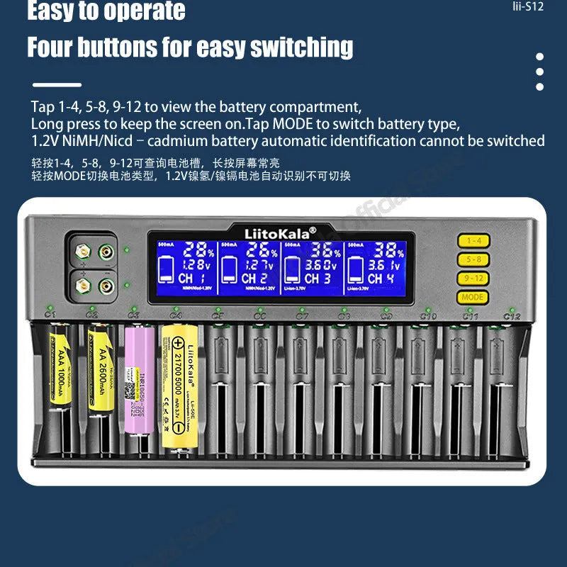 LiitoKala Lii-S12 12-slot LCD battery charger with black housing, size 28.7x14.3x3.5cm, for 18650 26650 AA AAA 9V batteries