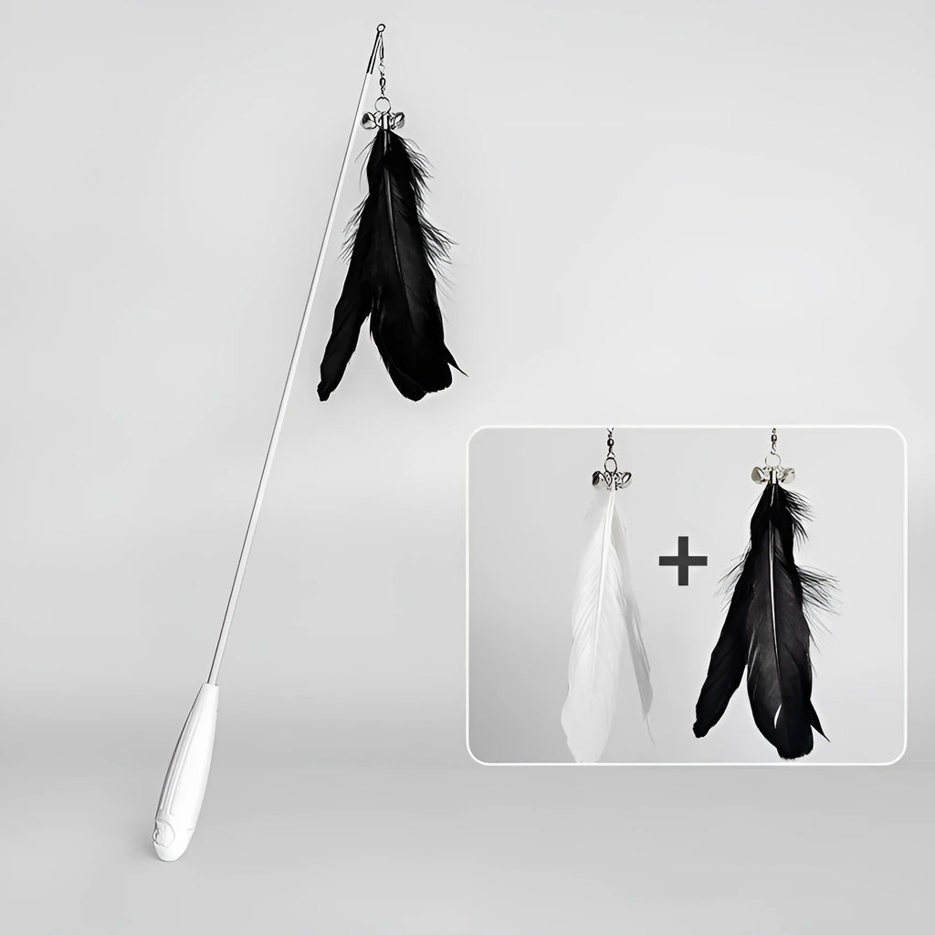 White telescopic fishing rod cat toy extended, with goose feather attachments and a small bell, on a neutral background.