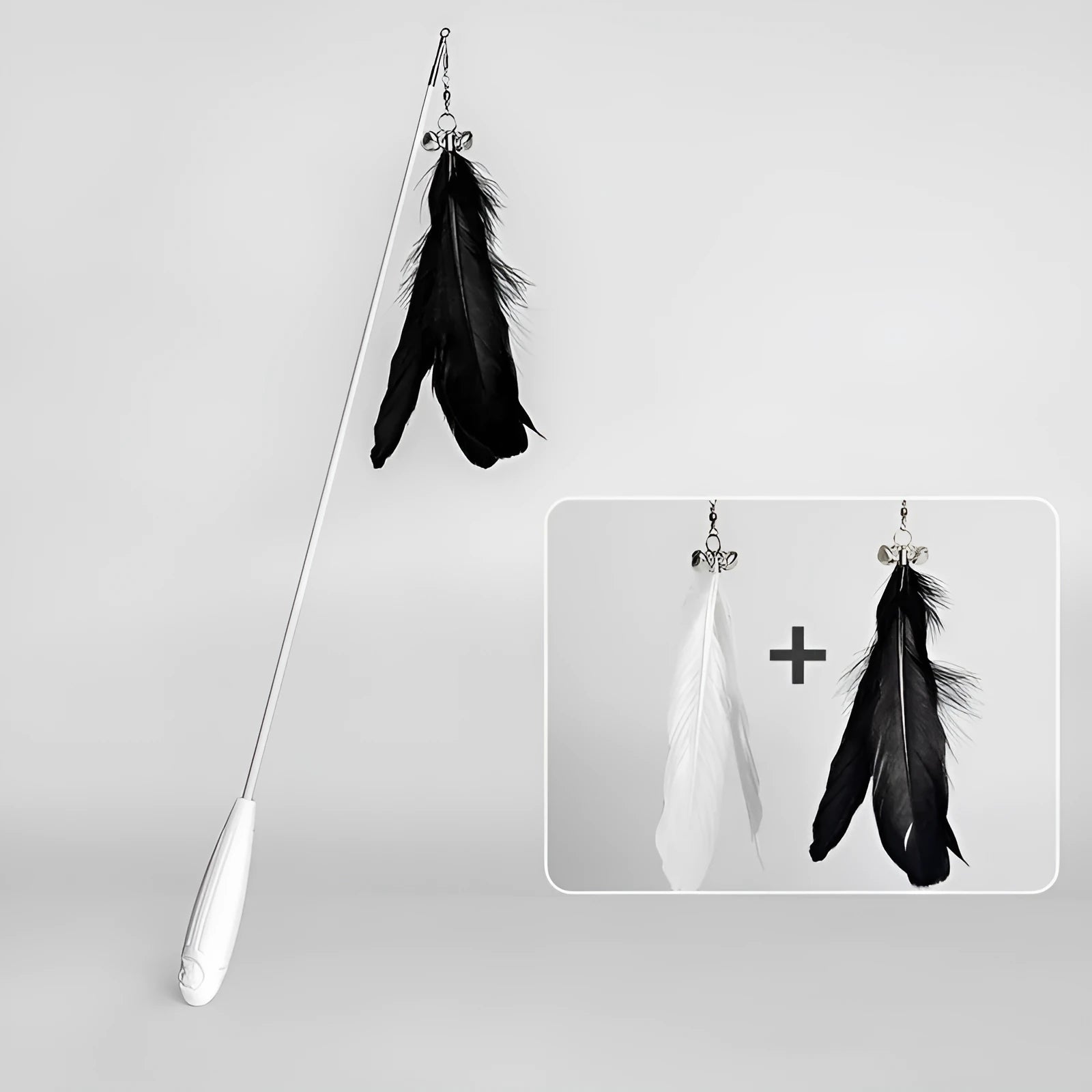 White telescopic fishing rod cat toy extended, with goose feather attachments and a small bell, on a neutral background.