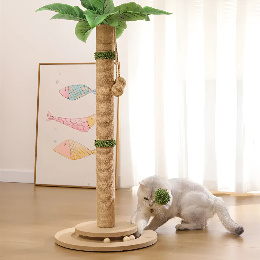 Vertical cat scratching post with natural hemp rope column and square wooden perch in Canna finish.