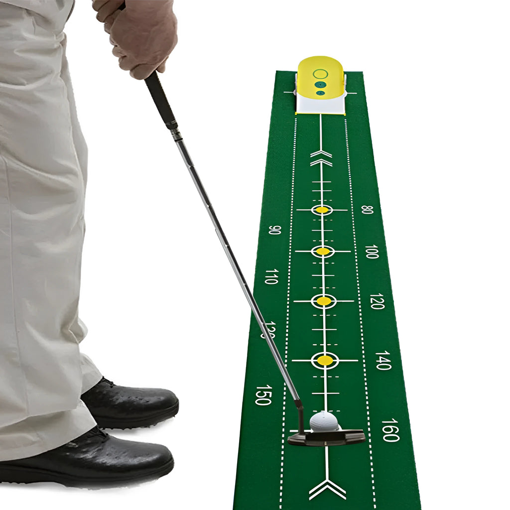 Precision putter exerciser with green non-woven push rod blanket 230cm length and simulator on wooden floor