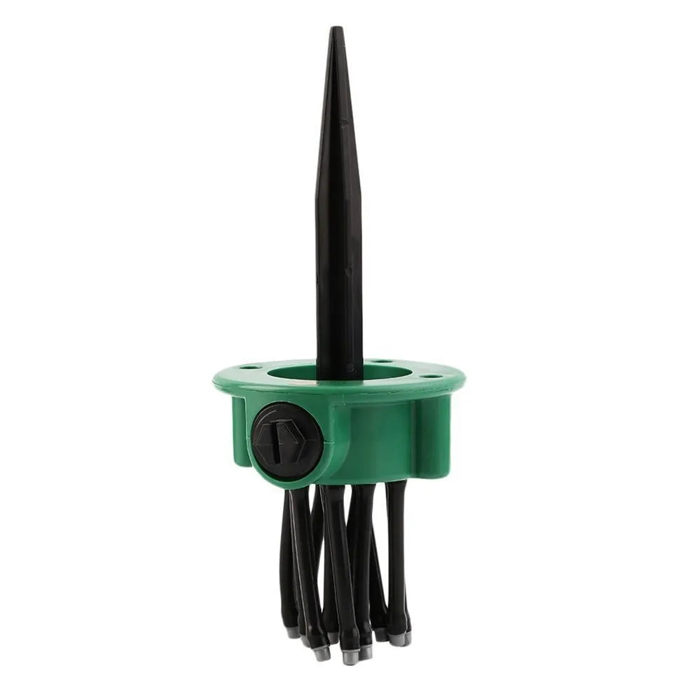 Green plastic adjustable lawn sprinkler with flexible spray noodles on 9cm base