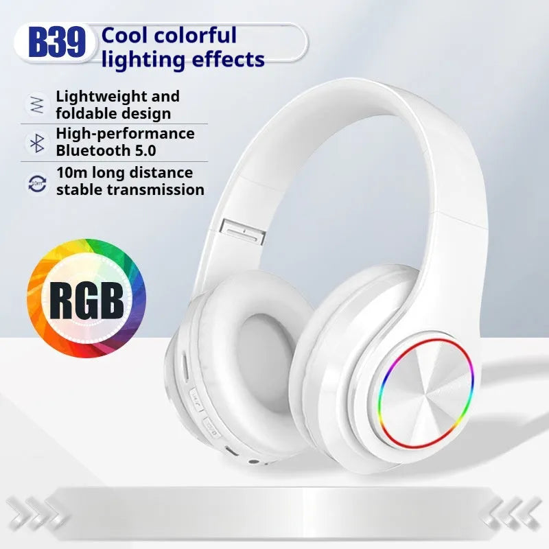 Head-mounted wireless Bluetooth headset in black, white, red, or black and red colours.