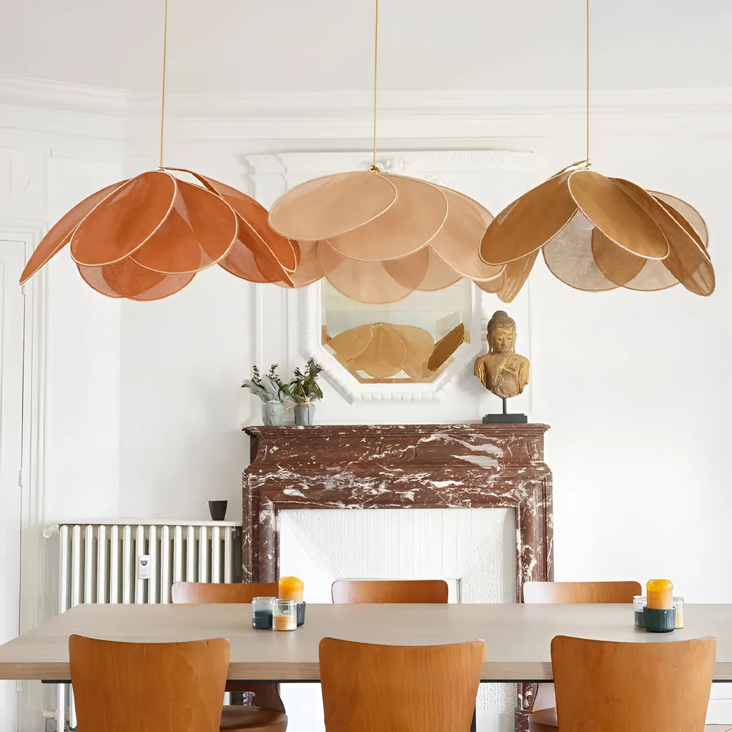 Bohemian-style fabric hanging chandelier with log wind design in a choice of colours and sizes.