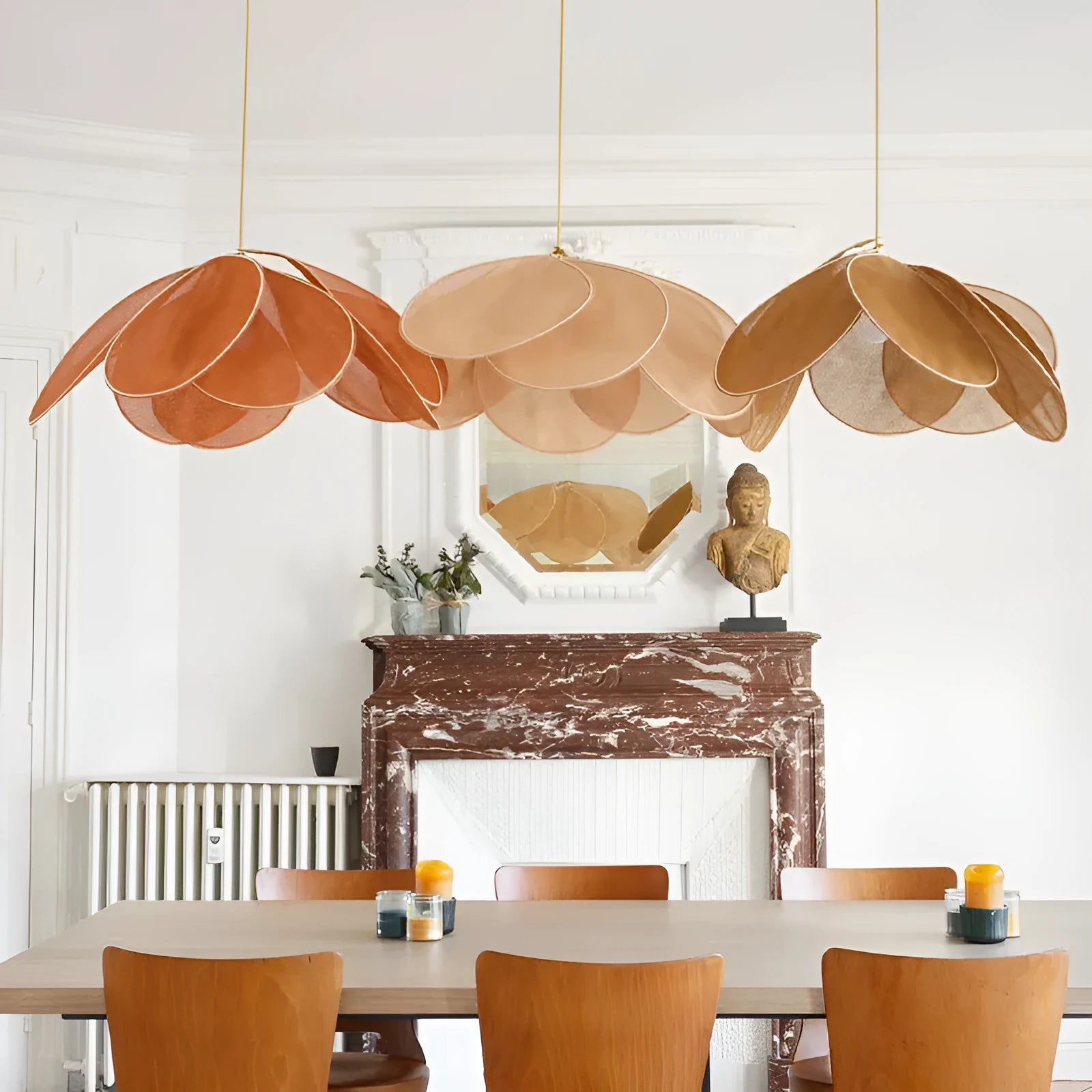 Bohemian-style fabric hanging chandelier with log wind design in a choice of colours and sizes.