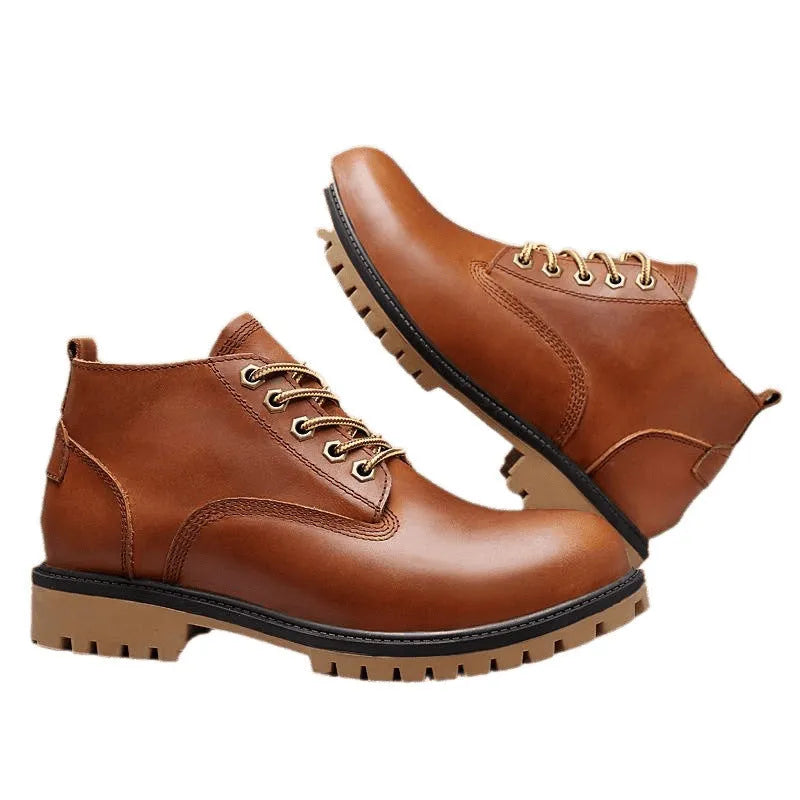 Men's brown leather Martin boots with mid heel platform sole, front lace-up, and round toe, sizes 36-47