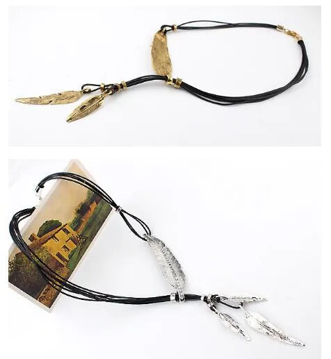 Black leather rope multilayer feather leaf tassel pendant necklace in ancient silver and black on horse whip chain