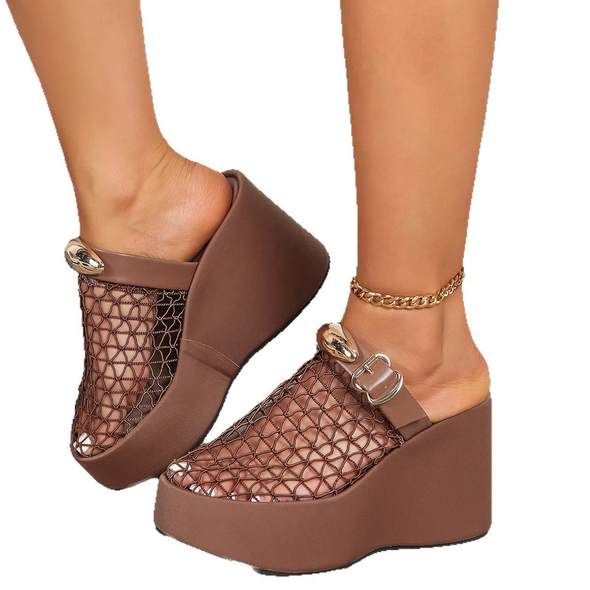 Metal buckle thick sole openwork mesh sandals with ultra-high heel, black colour