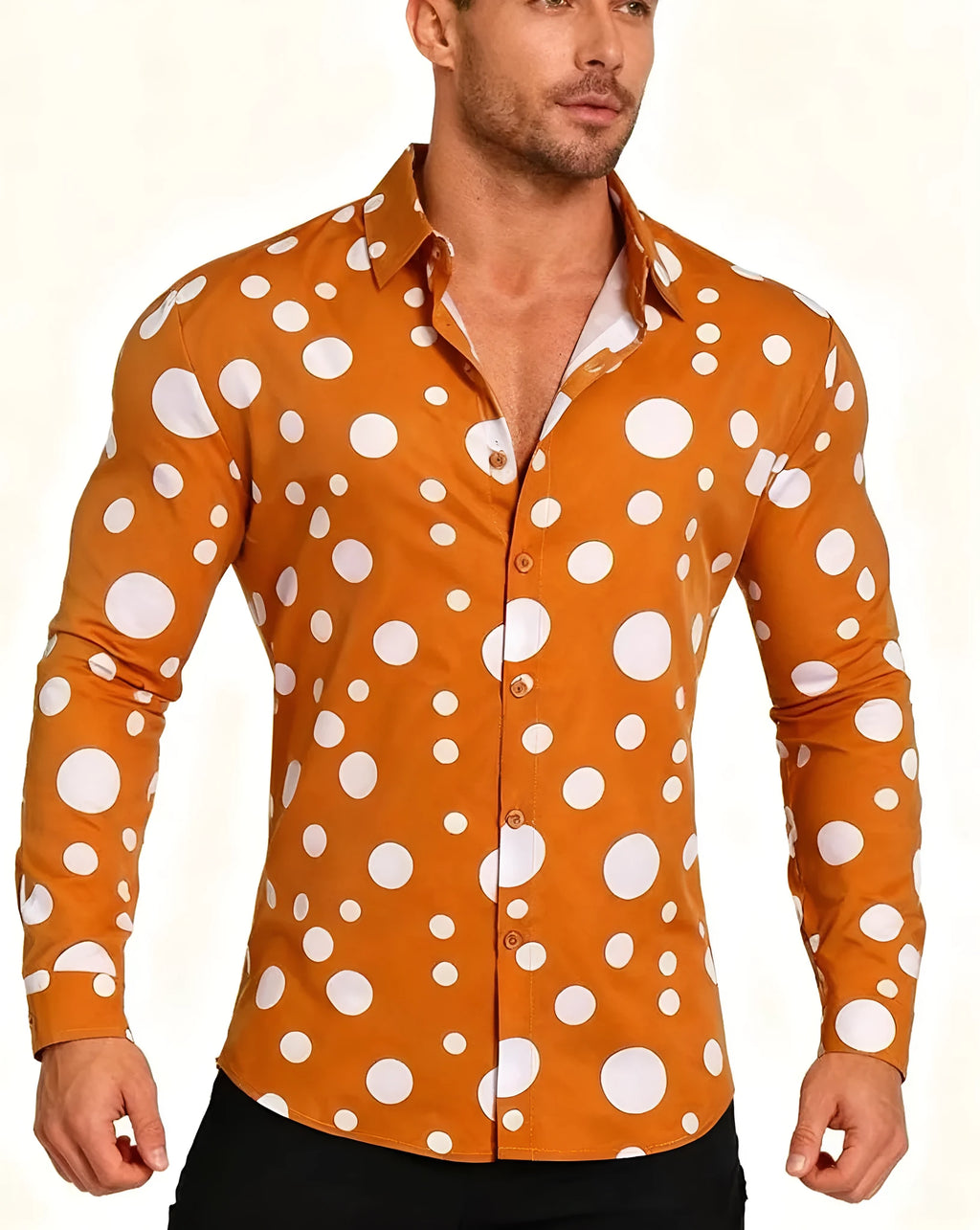 Men's warm orange long-sleeved shirt with white polka dot print and classic lapel collar