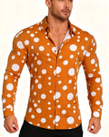 Men's warm orange long-sleeved shirt with white polka dot print and classic lapel collar