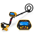 GC1028 black and yellow metal detector with LCD screen and adjustable shaft on grass.