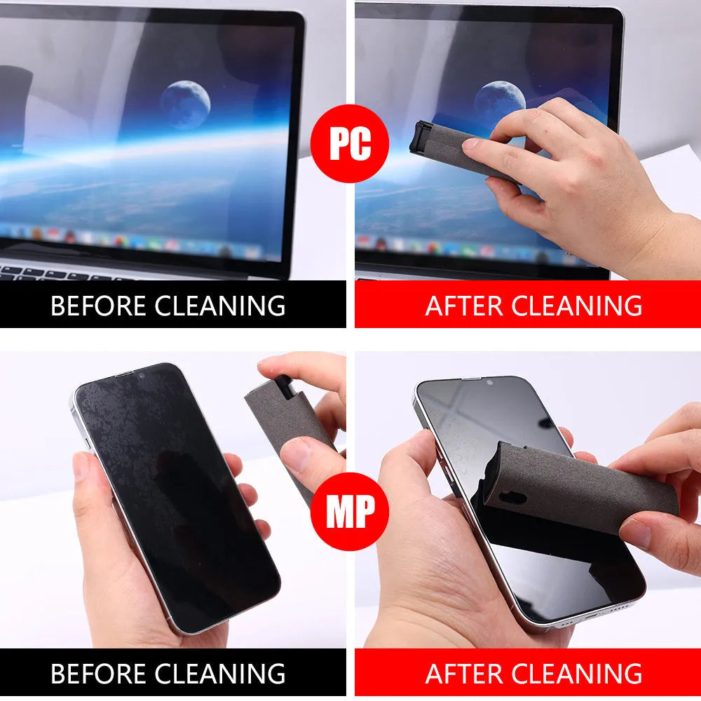 Mobile phone screen cleaner with integrated spray bottle and microfiber in compact black case