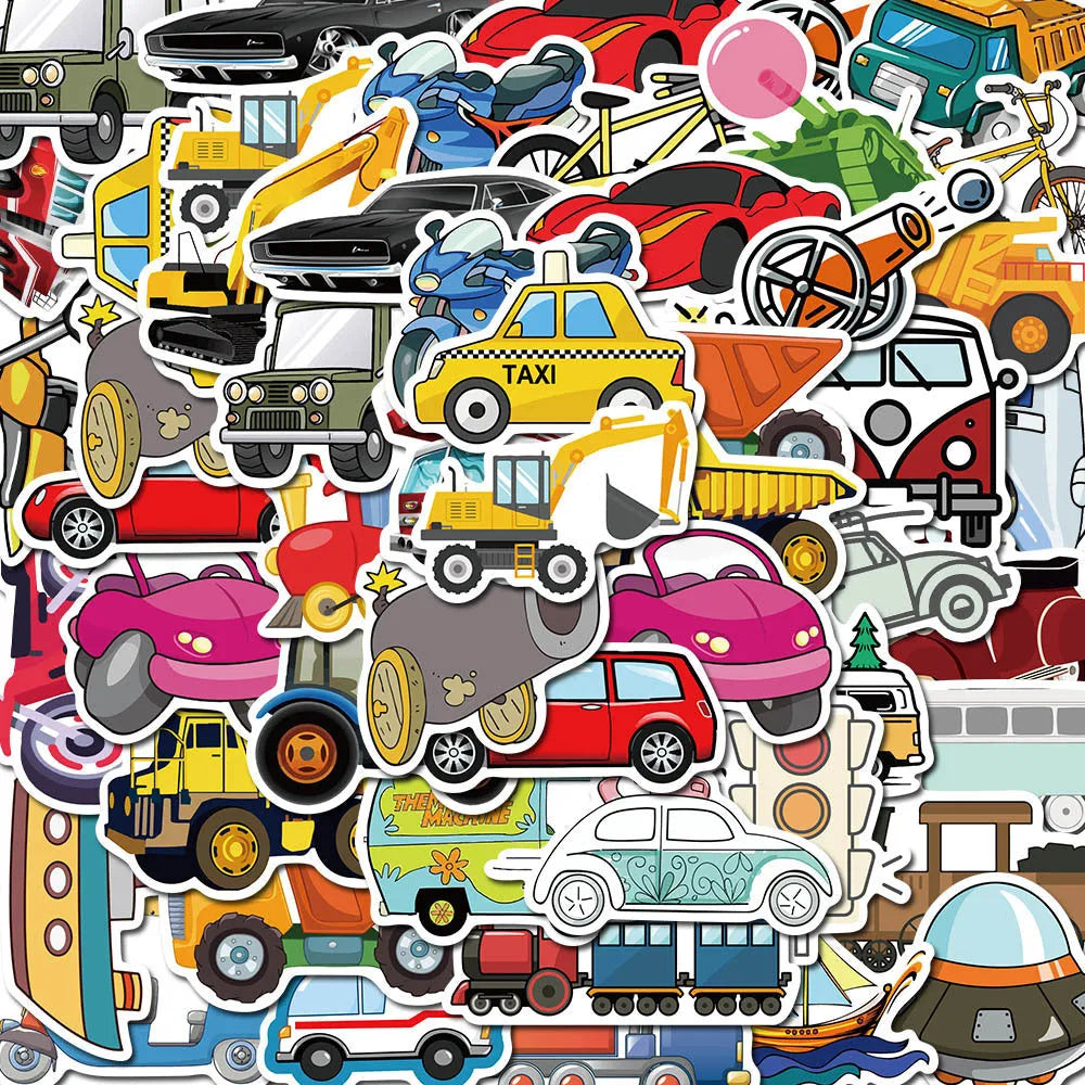 40 cartoon vehicle graffiti stickers in 4-6cm sizes with car and excavator designs for luggage and laptops