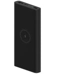 Black and white 10000mAh power bank with wireless charging and USB Type C port.