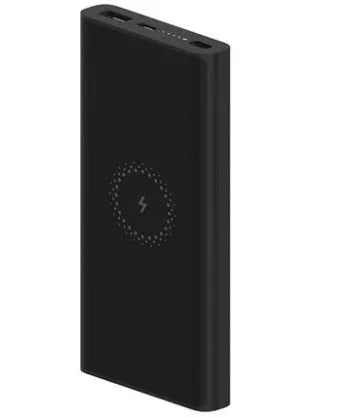 Black and white 10000mAh power bank with wireless charging and USB Type C port.
