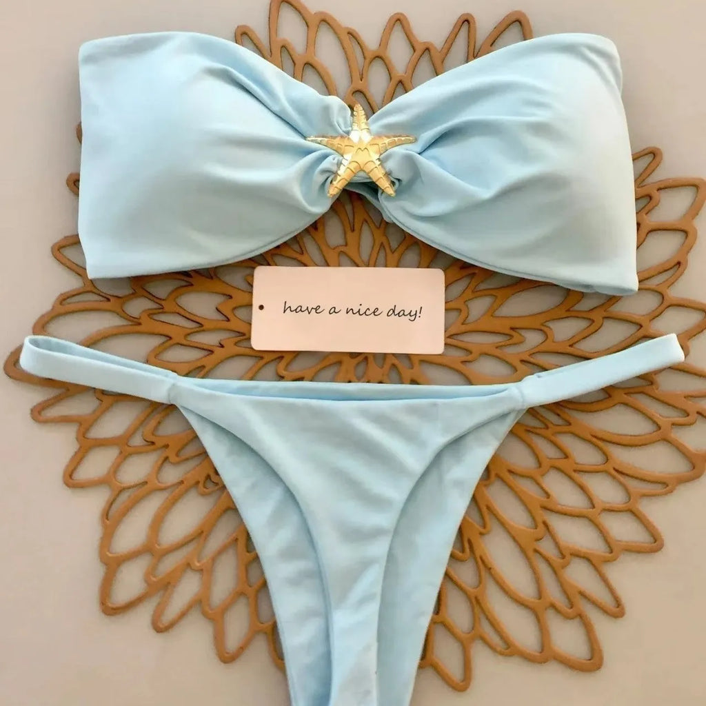 Women's tube top strap backless low waist bikini set in black white and blue nylon fabric with briefs style bottom