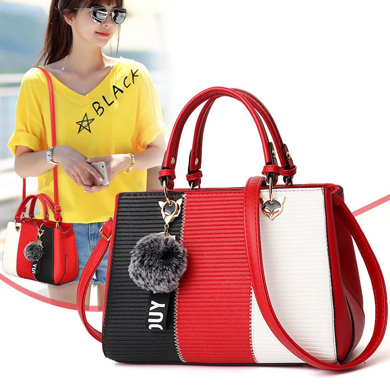 Women handbag made of PU leather with patchwork design and hairball ornaments in grey, pink, purple, and red colour options