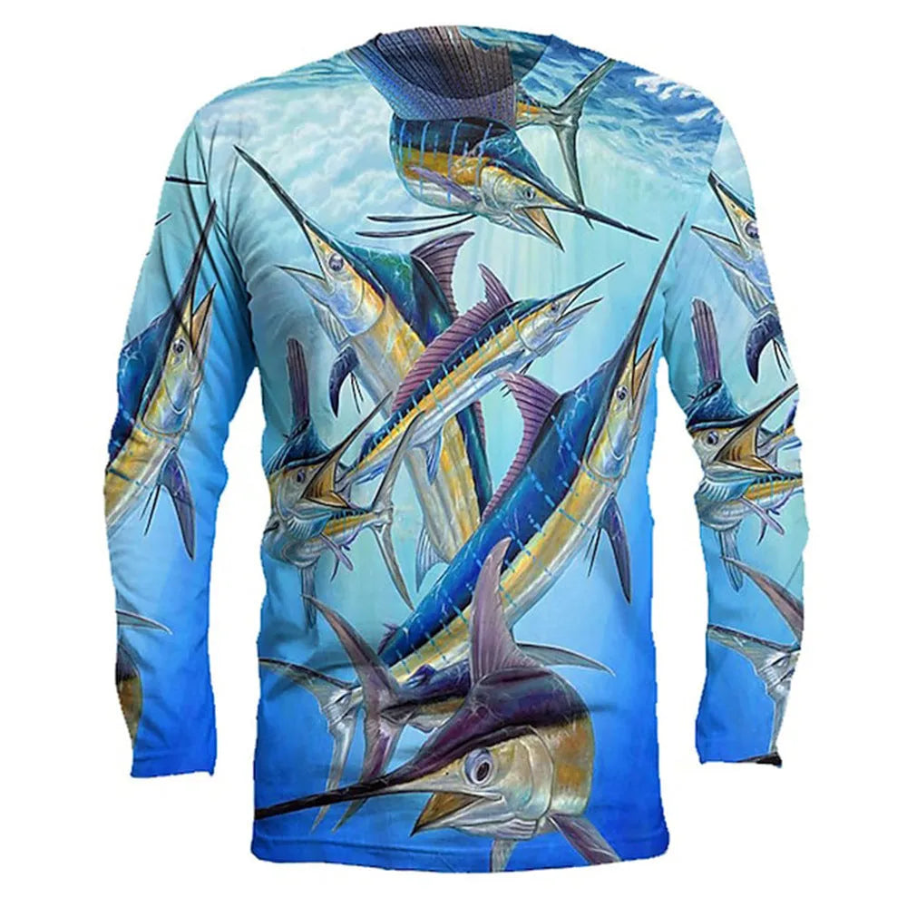 Men's grey long-sleeved pullover top with a colourful fish print pattern, round neck.