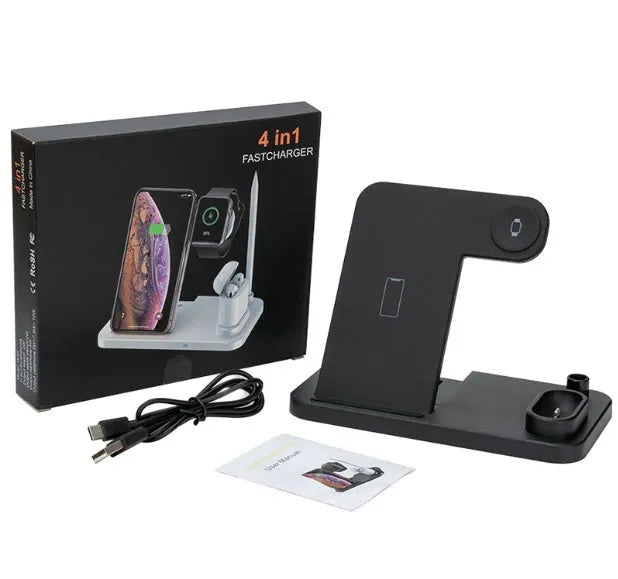 A white 4-in-1 wireless charger charging an iPhone and Apple Watch at an angle, with spots for AirPods and Apple Pencil.
